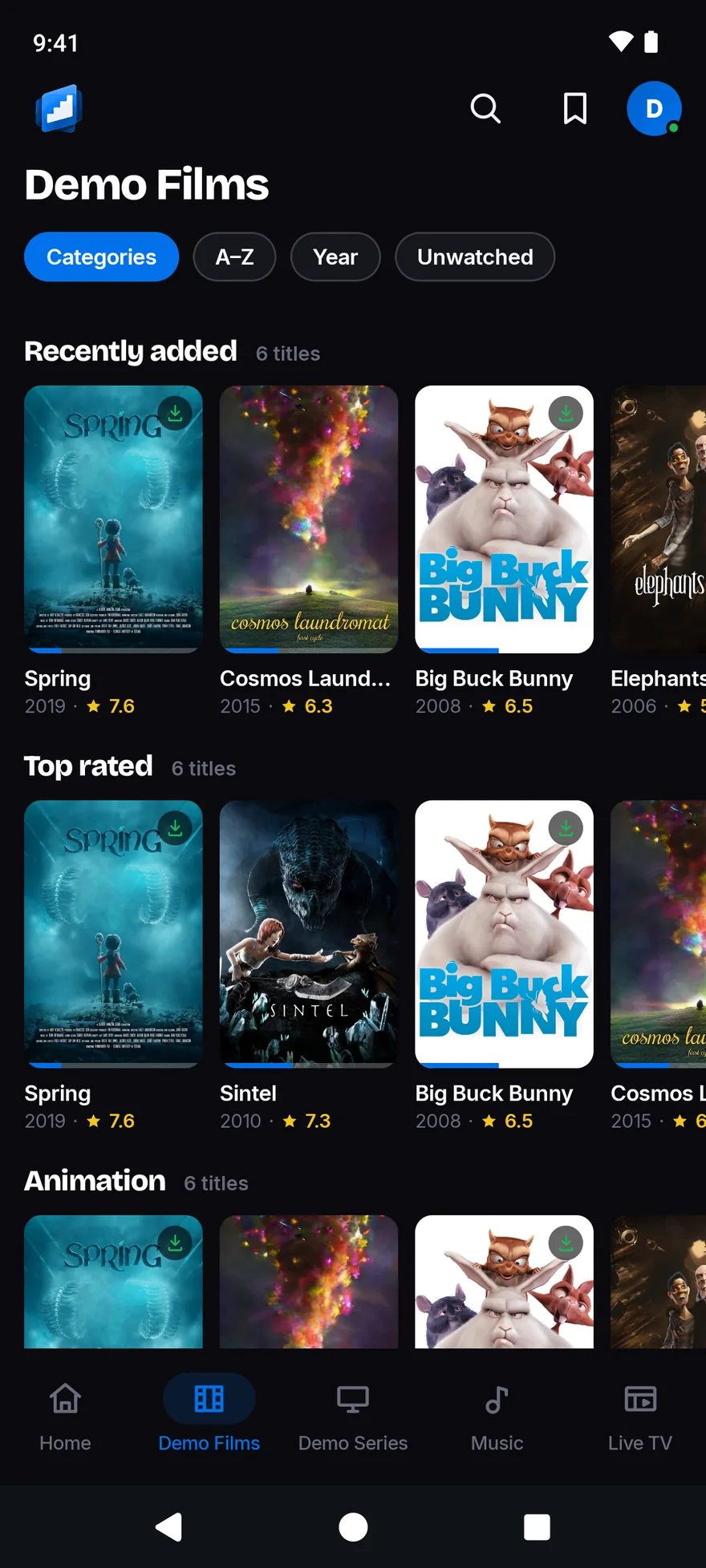 The Demo Films library with Categories, A to Z, Year and Unwatched chips, and rows of posters, some marked as downloaded.