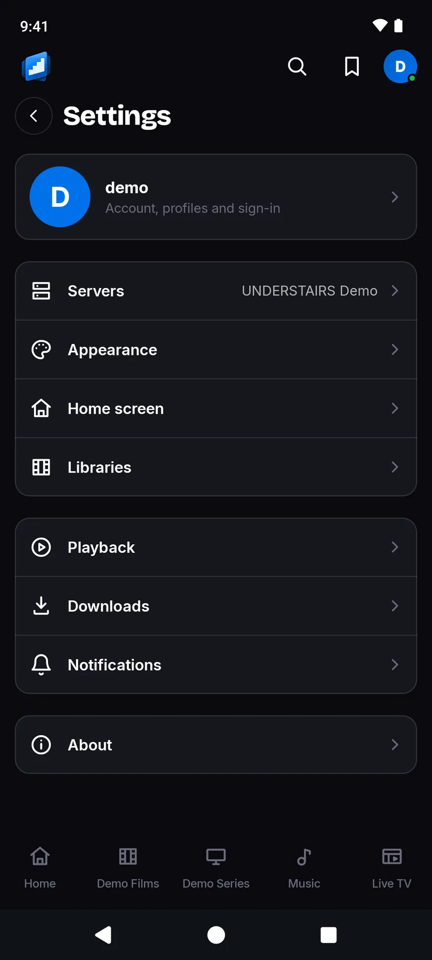 The Settings list: the account, Servers, Appearance, Home screen, Libraries, Playback, Downloads, Notifications and About.
