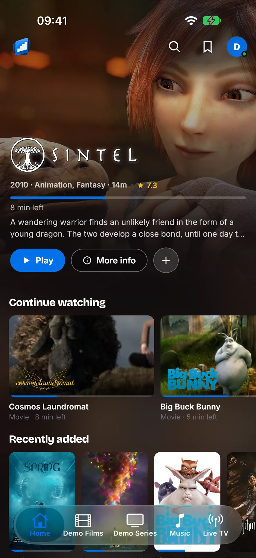 The phone home screen: Sintel on the banner with its logo, then a Continue watching row with Cosmos Laundromat and Big Buck Bunny.