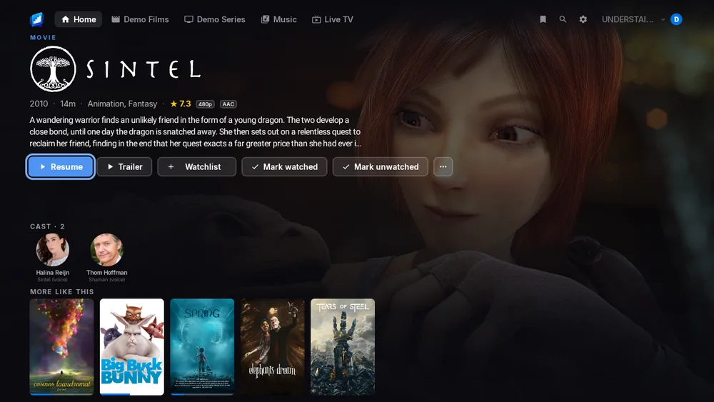 A title page for Sintel: its logo over the backdrop, the synopsis, Resume, Trailer, Watchlist and watch-mark buttons, and the cast.