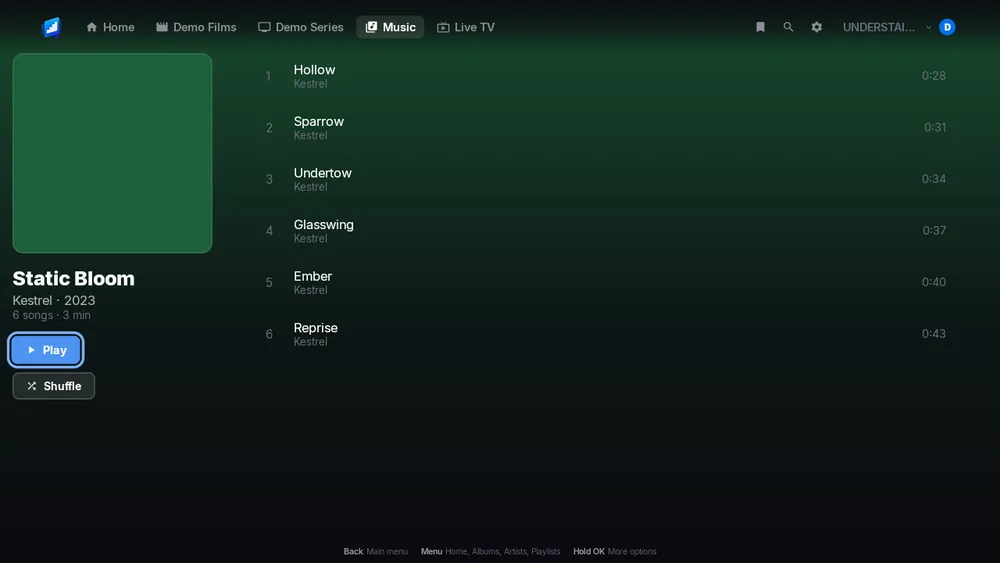 An album page for Static Bloom with a six-song track list and Play and Shuffle buttons.