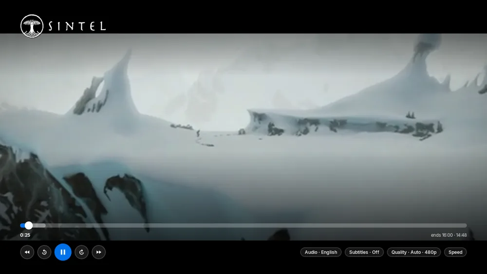 The player showing Sintel with the title logo, a progress bar, and Audio, Subtitles, Quality and Speed buttons.